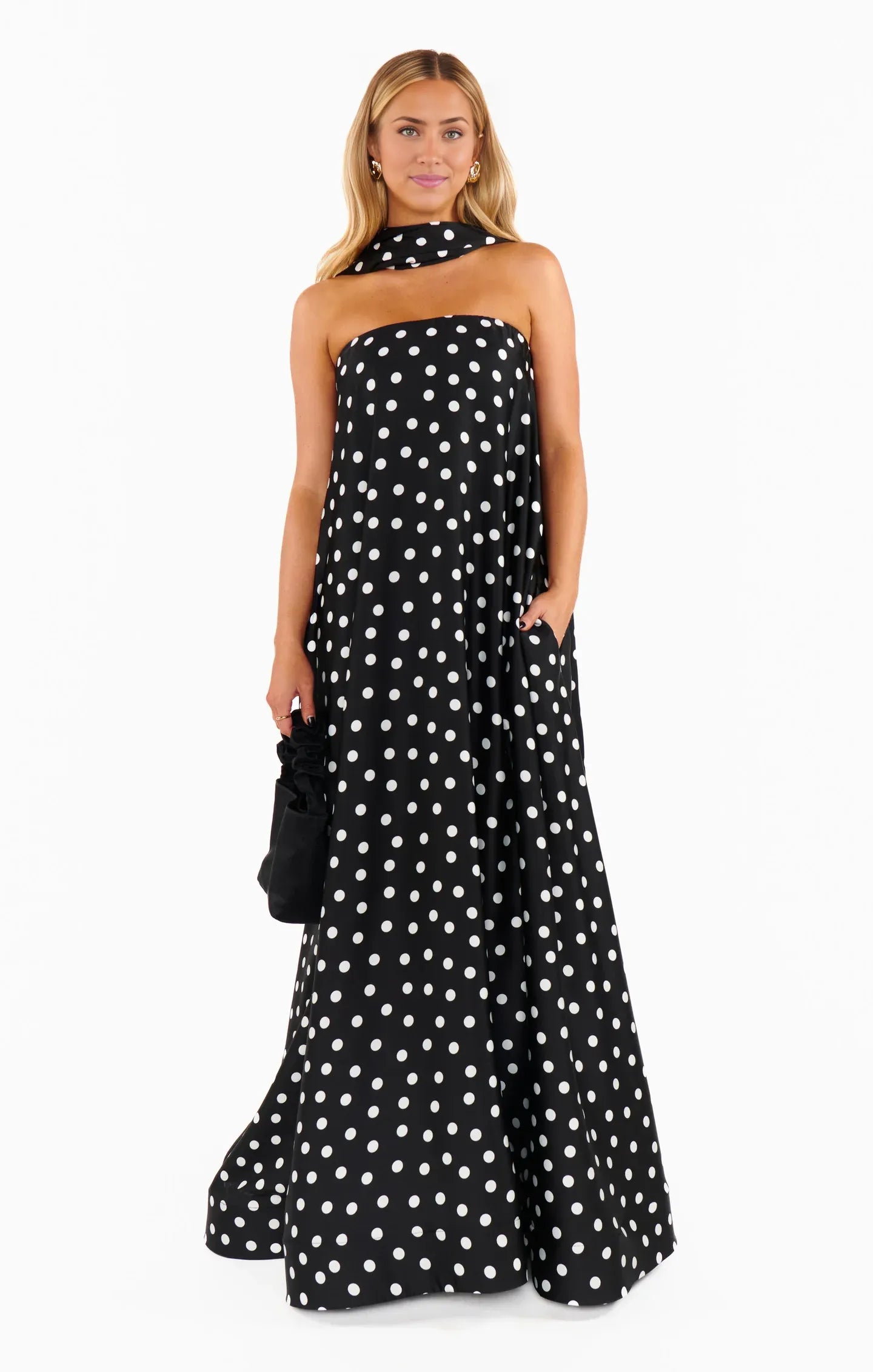 Weitese Dress Strapless Off the Shoulder Black Sleeveless Maxi Dress A-Line Polka Dots Backless Fashion Prom Dress